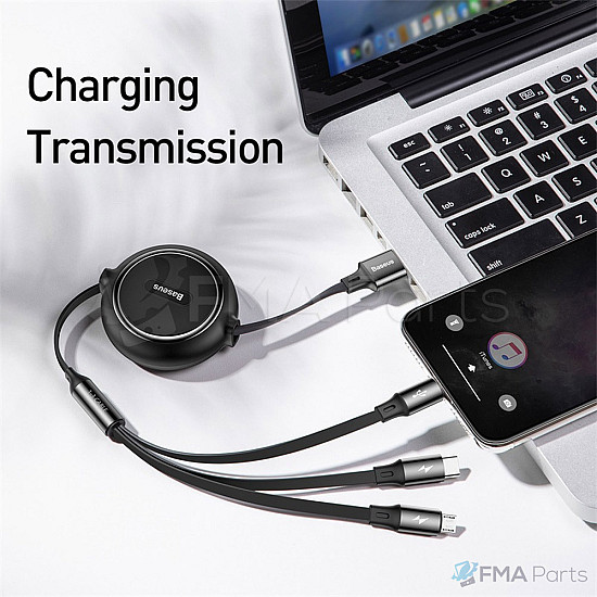Baseus 3 in 1 Retractable USB Cable Micro + USB C + 8 Pin