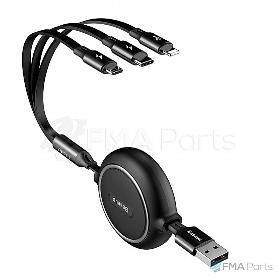 Baseus 3 in 1 Retractable USB Cable Micro + USB C + 8 Pin
