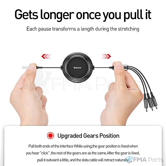 Baseus 3 in 1 Retractable USB Cable Micro + USB C + 8 Pin