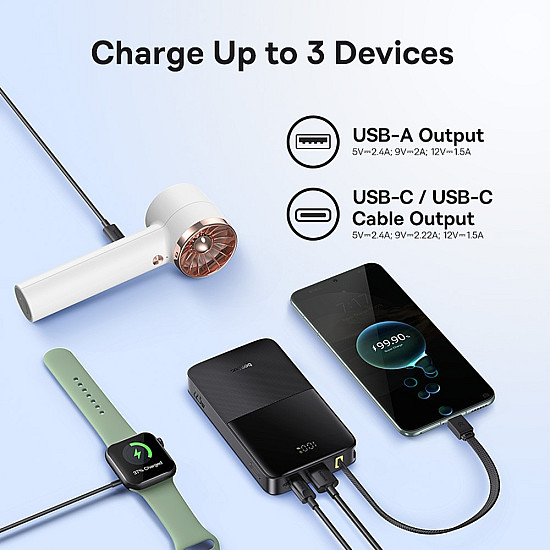 Baseus EnerFill FC51 Bipow2 Pro 10000mAh Power Bank / 22.5W Built-in USB-C Cable / Digital Display