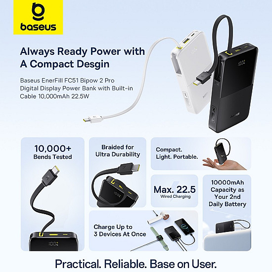 Baseus EnerFill FC51 Bipow2 Pro 10000mAh Power Bank / 22.5W Built-in USB-C Cable / Digital Display