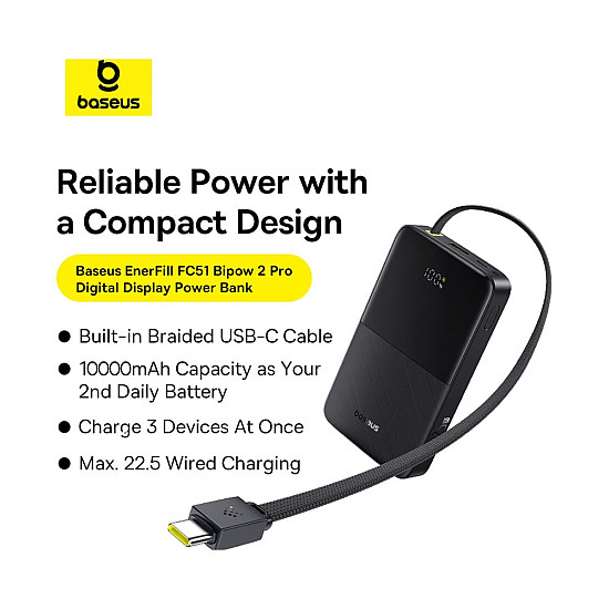 Baseus EnerFill FC51 Bipow2 Pro 10000mAh Power Bank / 22.5W Built-in USB-C Cable / Digital Display