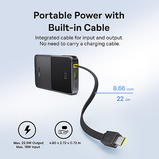 Baseus EnerFill FC51 Bipow2 Pro 10000mAh Power Bank / 22.5W Built-in USB-C Cable / Digital Display
