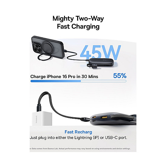 Baseus EnerFill Qpow 3 Ultra 10000mAh Power Bank / 45W USB-C PD / Detachable USB-C + Lightning Cable