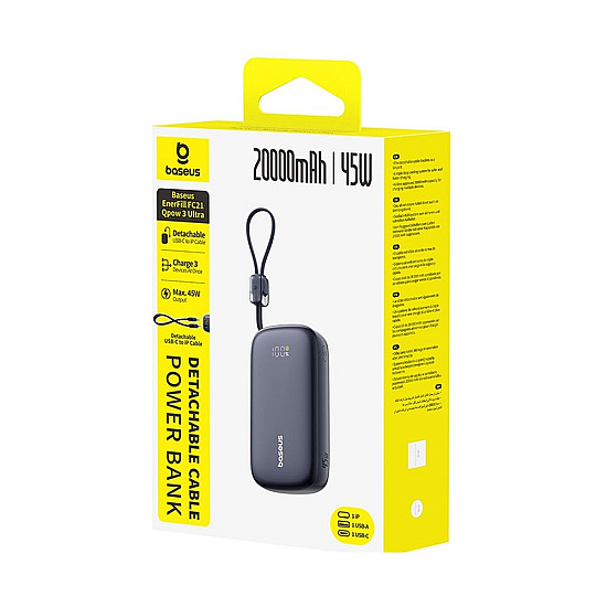 Baseus EnerFill Qpow 3 Ultra 20000mAh Power Bank / 45W USB-C PD / Detachable USB-C + Lightning Cable