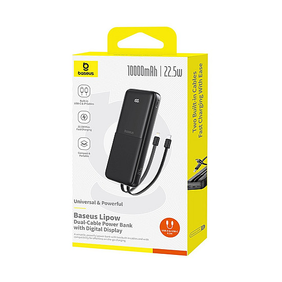 Baseus Lipow 10000mAh Power Bank / 22.5W Built-in USB-C + Lightning Cables / Digital Display