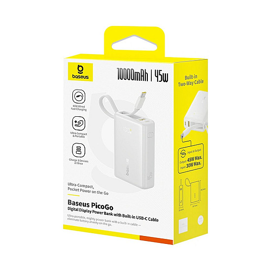 Baseus PicoGo 10000mAh Power Bank / 45W USB-C PD / Built-in USB-C Cable + Digital Display